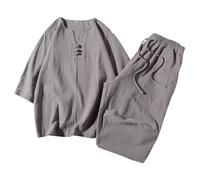 Gdqzzeaiix Ensemble Homme Short Et Tee Shirt,Robe Tang de Style Chinois pour Hommes Ensemble Deux pièces d'été en Lin à Manches Courtes Trois Quarts en Coton et Lin t-Shirt Ample décontracté