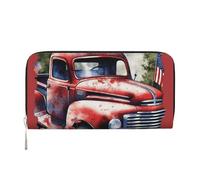 GDSHJKLW Portefeuille pour femme 4 juillet patriotique vieux camion rouge à fermeture éclair autour du portefeuille en cuir synthétique pour téléphone, porte-cartes, organiseur pour femme, noir,
