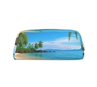 GDSHJKLW Trousse à crayons en cuir de grande capacité avec fermeture éclair pour homme et femme - Motif plage hawaïenne avec palmiers - Trousse de toilette étanche - Grande ouverture
