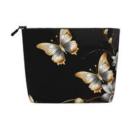 Gdshjklw Trousse de maquillage en lin pour femme, étanche, organiseur de cosmétiques de voyage léger à fermeture éclair, trousse de toilette de voyage, organisateur de papillons blancs dorés et noirs