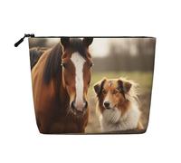 GDSHJKLW Trousse de maquillage en lin pour femme, étanche, organiseur de cosmétiques de voyage, léger à fermeture éclair, trousse de toilette de voyage, organisateur de collie, chien et cheval