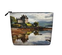 Gdshjklw Trousse de maquillage en lin pour femme, étanche, organiseur de cosmétiques de voyage léger à fermeture éclair, sac de rangement pour pinceaux de maquillage écossais, château, eau, lac