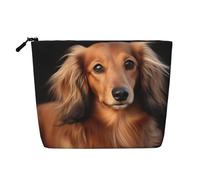 GDSHJKLW Trousse de maquillage en lin pour femme, étanche, organiseur de cosmétiques de voyage, léger, fermeture éclair, trousse de toilette de voyage à poils longs, teckel, sac de rangement pour