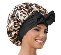 GDTOGRT Bonnet en satin de soie pour femme endormie, bonnet de sommeil double couche pour cheveux naturels bouclés avec bandeau à nouer, motif léopard, noir