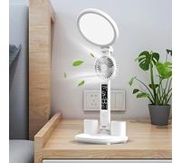 GDWD Lampe de bureau LED avec ventilateur, 3 modes de couleur à intensité variable, port de charge USB, lampe de table tactile avec horloge/calendrier/température/porte-stylo pour bureau, lecture,