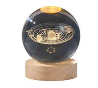 GDWD Veilleuse, boule de cristal 3D, scène de nuit, astronomie, LED, avec socle en bois, chargement USB, système solaire, planète, cadeau d'anniversaire, décoration de table (système solaire de 6 cm)