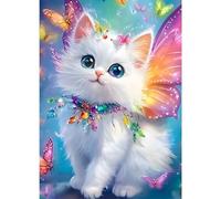 GDYEEH 5D Chaton Blanc Diamant Painting Kit, DIY Papillon Art du Diamant Complet Kits, Pays des Rêves Diamond Art Kits Strass Point de Croix Painting pour Adultes Débutants Maison Décor 30x40 cm