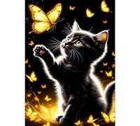 GDYEEH 5D Chaton Mignon Diamant Painting Kit, DIY Chat Noir Art du Diamant Complet Kits, Papillon Diamond Art Kits Strass Point de Croix Painting pour Adultes Débutants Maison Décor 30x40 cm