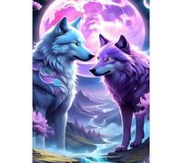 GDYEEH 5D Deux Loups Peinture Diamant Painting Kit, DIY Lune Art du Diamant Complet Kits, Fantaisie Diamond Art Kits Strass Point de Croix Painting pour Adultes Débutants Maison Décor 30x40cm