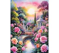 GDYEEH 5D Jardin de Monet Peinture Diamant Painting Kit, DIY Fleurs Art du Diamant Complet Kits, Sunset Diamond Art Kits Strass Point de Croix Painting pour Adultes Débutants Maison Décor 30x40 cm