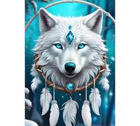 GDYEEH 5D Loup Blanc Peinture Diamant Painting Kit, DIY Attrape-rêves Art du Diamant Complet Kits, Plume Diamond Art Kits Strass Point de Croix Painting pour Adultes Débutants Maison Décor 30x40 cm