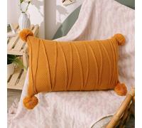 ge Housse de coussin lombaire avec pompons faits à la main - Rectangulaire en peluche pour canapé, chaise, lit (30 x 50 cm)