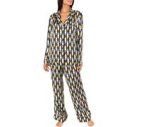 Geagodelia 2 Pièces Ensemble Pyjama Femme à Manches Longues Imprimé Vêtements de Nuit en Faux Satin Soie pour Toutes Les Saisons (B-Noir, L)