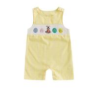 Geagodelia Bébé Garçon Tenue de Pâques Lapin Carotte Brodée Sans Manches Barboteuse My First Easter Baby Grow Bébé Vêtements d'été, Œufs de lapin vichy jaune, 6-12 mois
