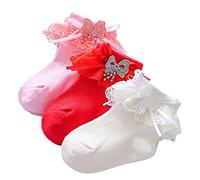 Geagodelia Chaussettes Bébé Fille en Maille au Bordure Dentelle à Volant avec Décoration de Ruban Arc, 0-3 Ans