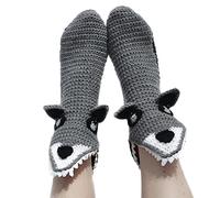 Geagodelia Chaussettes drôles tricotées 3D Crocodile Animal chaussettes pour femmes hommes enfant épais tricot manchette hiver chaud chaussettes de sol (Enfant, Loup, 6-12 Years)