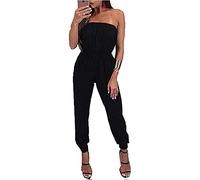 Geagodelia Combinaison Femme Sexy Été Combishort à Épaule Dénudée sans Manches Dos Nu Jumpsuit Décontracté Combi Pantalon Coupe Ajustée Barboteuse Playsuit de Club Soirée (Noir, L)