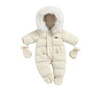 Geagodelia Combinaisons à Glissière pour Enfants avec Gants, Combinaison à Capuche Hiver Barboteuse en Peluche de Couleur Unie avec Poches (Beige Blanc, 18-24 Mois)