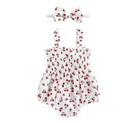 Geagodelia Dazzerake Ensemble 2 Pièces Bébé Fille Confortable Ensemble Frais Tenue Imprimée en Coton et Lin pour Petit Fille 0-18 Mois Barboteuse + Bandeau (Blanche cerise, 0-3 Mois)