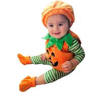 Geagodelia Déguisement Halloween Bébé Fille Garçon Costume Citrouille Barboteuse +Chapeau +Chaussures Tenue d'Halloween Vêtement 3 Pièces pour Photographie Cosplay (Orange, 6-12 Mois)