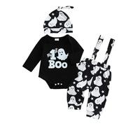 Geagodelia Déguisement Halloween Bébé Garçon My First Tenue Halloween Ensemble 3pcs Body + Pantalon à Bretelles + Bonnet (Noir Boo Fantôme, 6-9 Mois)