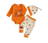 Geagodelia Déguisement Halloween Bébé Garçon Naissance Ensemble de Pyjama 3pcs Mon Premier Halloween Body Citrouille + Pantalon + Bonnet Tenue de Fête d'Halloween (Orange, 12-18 Months)