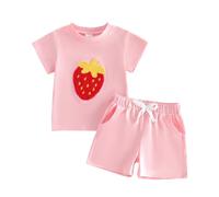 Geagodelia Ensemble Bébé Fille Eté T-Shirt Fleuri à Manches Courtes + Short Floral Ensemble 2 Pièces Chic Casual (Rose Fraise, 2-3 Years)