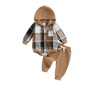 Geagodelia Ensemble Bébé Garçon 2 Pièce Body Chemise à Carreaux Manches Longues Barboteuse à Capuche Boutonnée + Pantalon de Jogging Tenue de Sport Survêtement (Kaki Ecossaise Tartan, 0-6 Months)