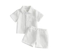 Geagodelia Ensemble Bébé Garçon Enfant Eté 2Pcs Chemise Jacquard à Manches Courtes et Short Costume Cérémonie Baptême Mariage Anniversaire Tenues 6 Mois - 9 Ans (Blanc, 6-7 Years)