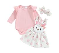 Geagodelia Ensemble de 2 combinaisons de Pâques pour bébé fille - Manches longues - Ruffle Romper + lapin de dessin animé - Robe à carreaux - Porte-jarretelles - Ensemble de vêtements pour nouveau-né