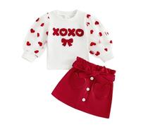 Geagodelia Ensemble de Vêtements Bébé Fille Enfant 2PCS Jupe à Boutons et Haut Pull Manches Longues en Tricot Côtelé à Volants Tenue Set Chic d 'Automne Hiver (Rouge Cœur, 3-6 Mois)