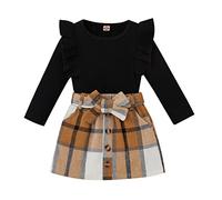 Geagodelia Ensemble de Vêtements Bébé Fille Enfant 2PCS Jupe à Boutons et Haut Pull Manches Longues en Tricot Côtelé à Volants Tenue Set Chic d 'Automne Hiver (Noir Kaki Plaid, 9-12 Mois)