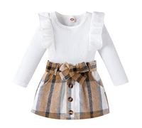 Geagodelia Ensemble de Vêtements Bébé Fille Enfant 2PCS Jupe à Boutons et Haut Pull Manches Longues en Tricot Côtelé à Volants Tenue Set Chic d 'Automne Hiver (Kaki Plaid, 12-18 Mois)