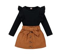 Geagodelia Ensemble de Vêtements Bébé Fille Enfant 2PCS Jupe à Boutons et Haut Pull Manches Longues en Tricot Côtelé à Volants Tenue Set Chic d 'Automne Hiver (Noir, 12-18 Mois)