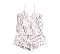Geagodelia Ensemble Pyjama Femme de 2 Pièces Imprimé Coeurs, Camisole en Dentelle Col V + Shorts, Lingerie Femme Saint-Valentine (Blanc, S)