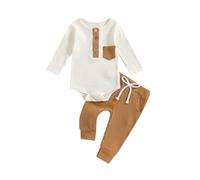 Geagodelia Ensemble Vêtement Bébé Garçon Nouveau-né 2 Pièce Body à Manches Longues Couleur Contrastée + Legging en Tricot Côtelé Tenues pour 0-18 Mois (Blanc Kaki, 6-12 Months)