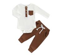Geagodelia Ensemble Vêtement Bébé Garçon Nouveau-né 2 Pièce Body à Manches Longues Couleur Contrastée + Legging en Tricot Côtelé Tenues pour 0-18 Mois (Kaki Bloc de Couleur, 0-3 Months)
