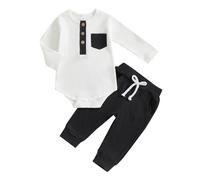Geagodelia Ensemble Vêtement Bébé Garçon Nouveau-né 2 Pièce Body à Manches Longues Couleur Contrastée + Legging en Tricot Côtelé Tenues pour 0-18 Mois (Blanc Noir, 0-3 Months)