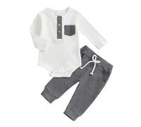 Geagodelia Ensemble Vêtement Bébé Garçon Nouveau-né 2 Pièce Body à Manches Longues Couleur Contrastée + Legging en Tricot Côtelé Tenues pour 0-18 Mois (Blanc Gris, 6-12 Months)