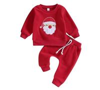 Geagodelia Ensemble Vêtement de Noël Bébé Garçon Mon Premier Costume de Noël Combinaison Imprimé Renne + Pantalon + Chapeau 3Pcs Tenue de Noël Pyjama Nouveau-né (Rouge Père Noël, 2-3 Ans)