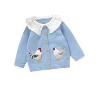 Geagodelia Fille Tricoté Cardigan Poupée Collier Tricoté Crochet Boutons Haut Automne Hiver Chaud Pull Manteau Broderie Vêtements, bleu, 2-3 ans