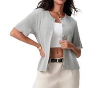 Geagodelia Gilet en Maille Femme Manches Courtes Cardigan Côtelé Extensible à Boutons Pull Veste en Tricot Chic Léger Boléro Décontracté Printemps Automne (Gris, M)