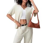 Geagodelia Gilet en Maille Femme Manches Courtes Cardigan Côtelé Extensible à Boutons Pull Veste en Tricot Chic Léger Boléro Décontracté Printemps Automne (Beige, M)