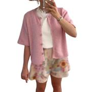 Geagodelia Gilet en Maille Femme Manches Courtes Cardigan Côtelé Extensible à Boutons Pull Veste en Tricot Chic Léger Boléro Décontracté Printemps Automne (Rose, L)