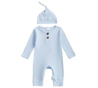 Geagodelia Grenouillère Bébé Garçon Fille Naissance Combinaison de Nuit à Manches Longues sans Pieds + Bonnet Ensemble Vêtement en Tricot Côtelé de Couleur Unie (Bleu Ciel Bouton, Newborn)