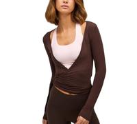 Geagodelia Hauts à manches longues avec noeud devant pour femmes, slim fit, col en V profond, croisés et enveloppés, tops de sport pour le fitness, pilates, ballet, yoga, gym, marron, S
