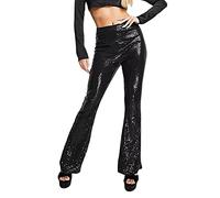 Geagodelia Pantalon Patte d'Eléphant Paillette Femme Taille Elastique, Pantalon Brillant Tendance Disco (Noir, XXL)