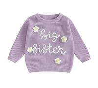 Geagodelia Pull de Tricot pour Grande Sœur Garçonne Enfant Fille Brodé Lettres Fleurs - Pull Top - Tenue de Printemps, Automne, Hiver, violet, 2-3 ans