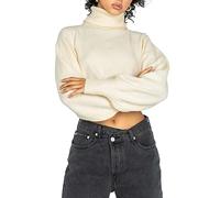 Geagodelia Pull Femme Court Oversize Col Roulé Pullover en Tricot Hiver Chaud Chandail Décontracté à Manches Longues Knitted Sweater Crop Top (Crème, M)