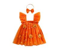Geagodelia Robe Bébé Fille Halloween Robe Tutu Barboteuse Manches à Volants jupe de Princesse Citrouille/Araignée/Chauve-souris+ Bandeau Nœud Papillon (Citrouilles, 3-6 Months)
